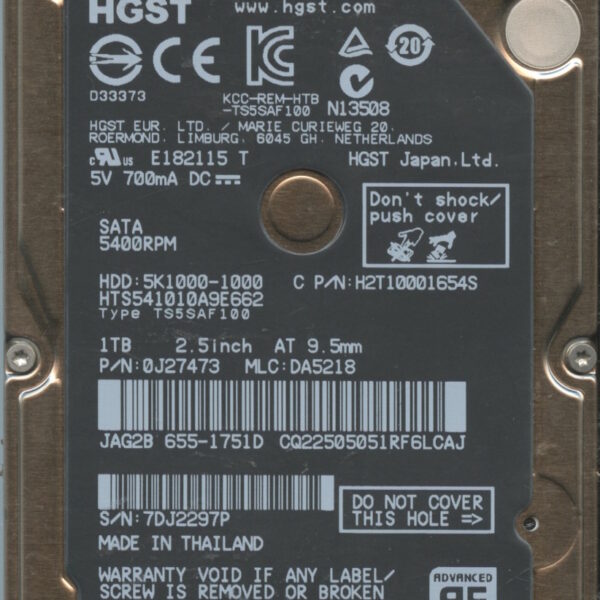 HGST HTS541010A9E662 0J27473 DA5218 THAILAND 12:12 1TB