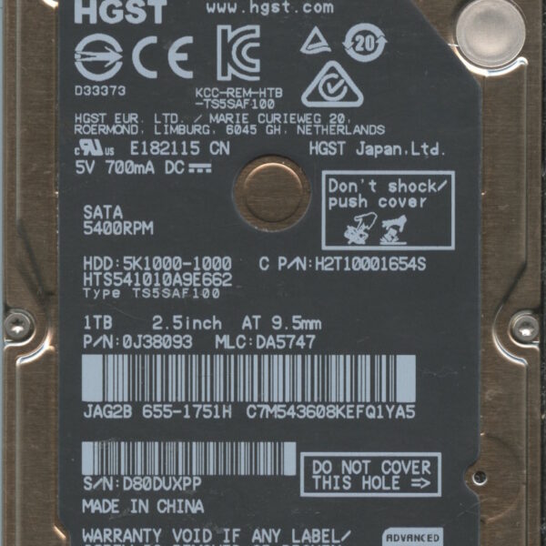 HGST HTS541010A9E662 0J38093 DA5747 CHINA 10:15 1TB